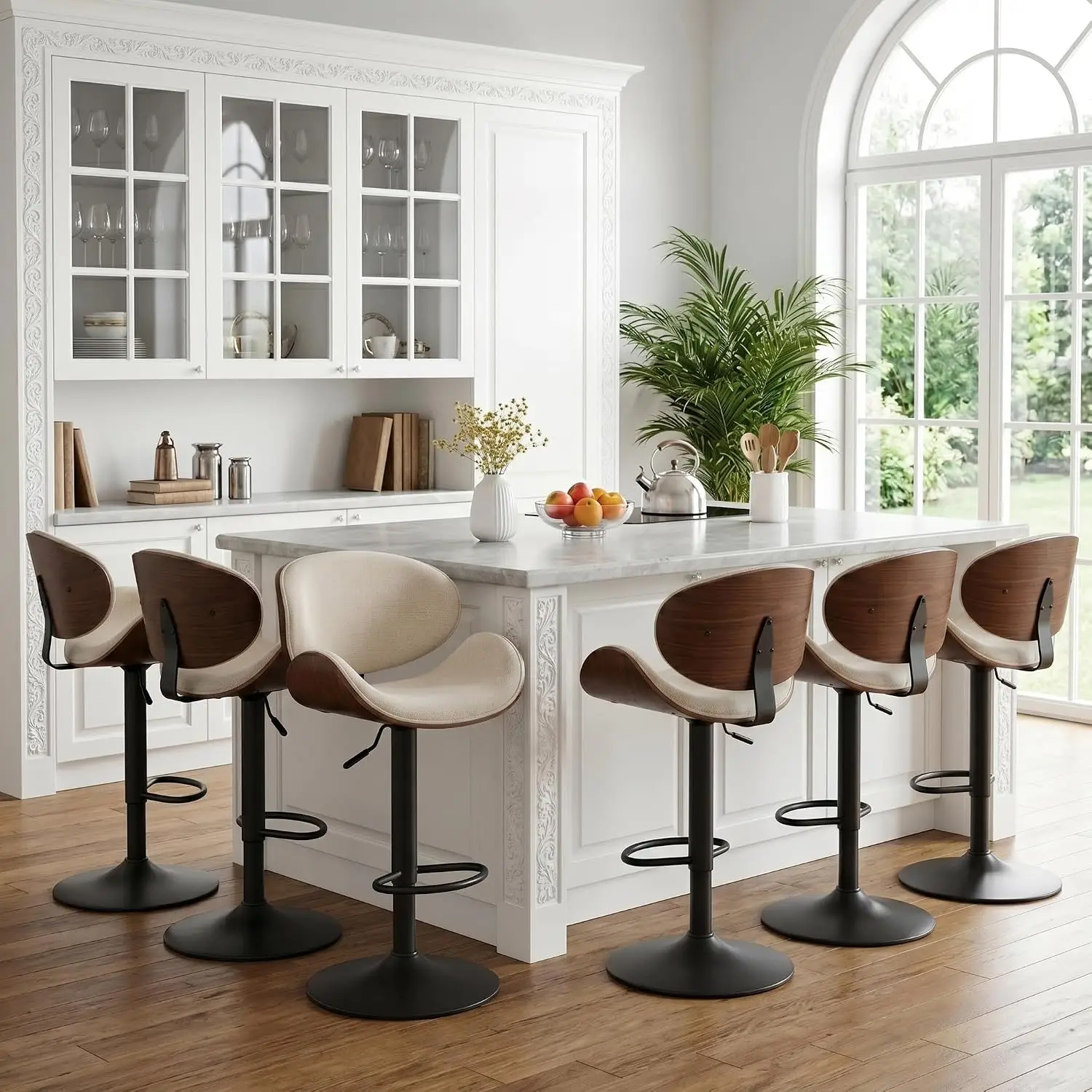 Adjustable Swivel Bar Stool Set 6 Beige Upholstered Counter Height Backrest For Bar Kitchen Island Dining, Customized