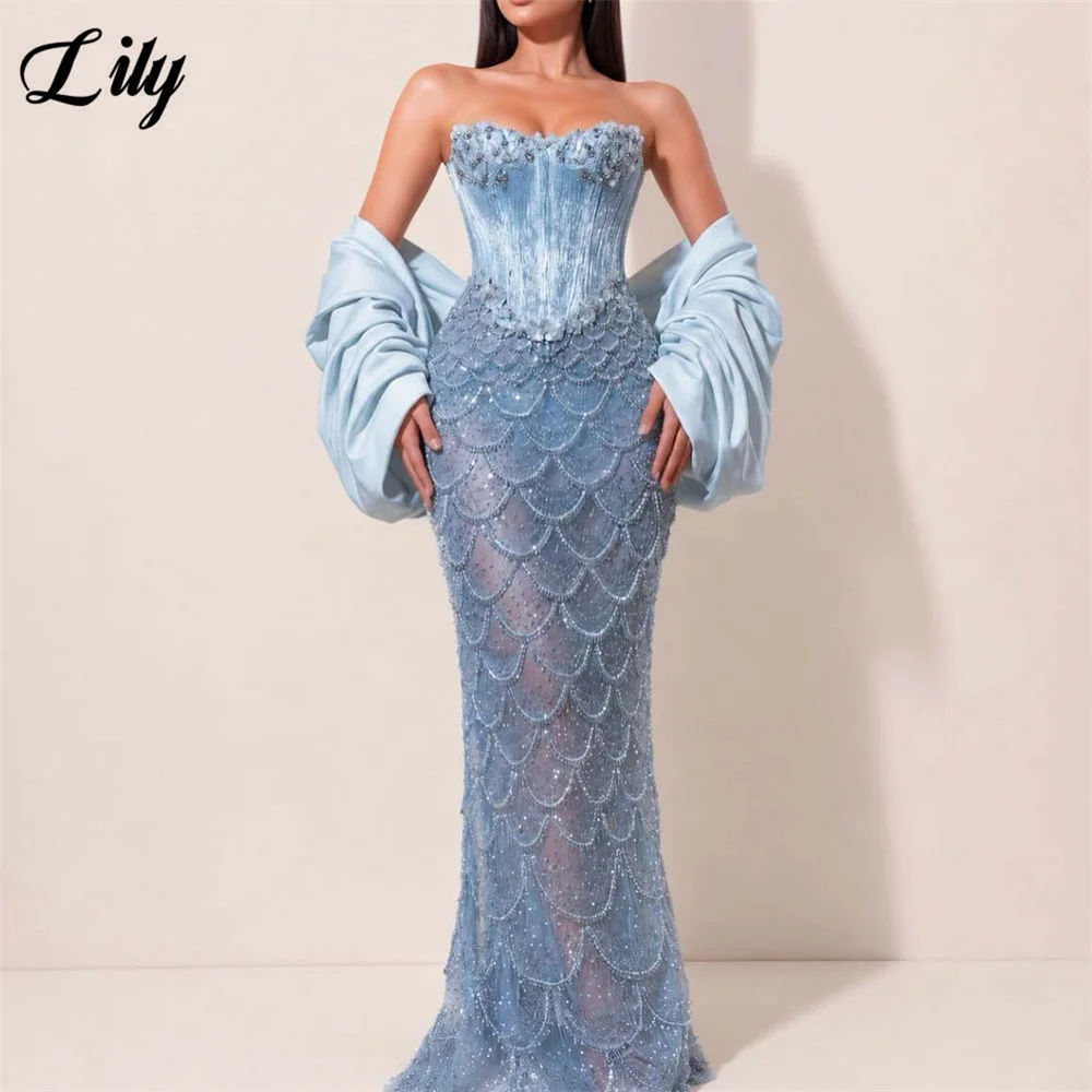 Lily Dusty Blue Prom Dress with Oversized Satin Shawl Formal Dress Beaded Crystal Mermaid Evening Dress for Women Customized