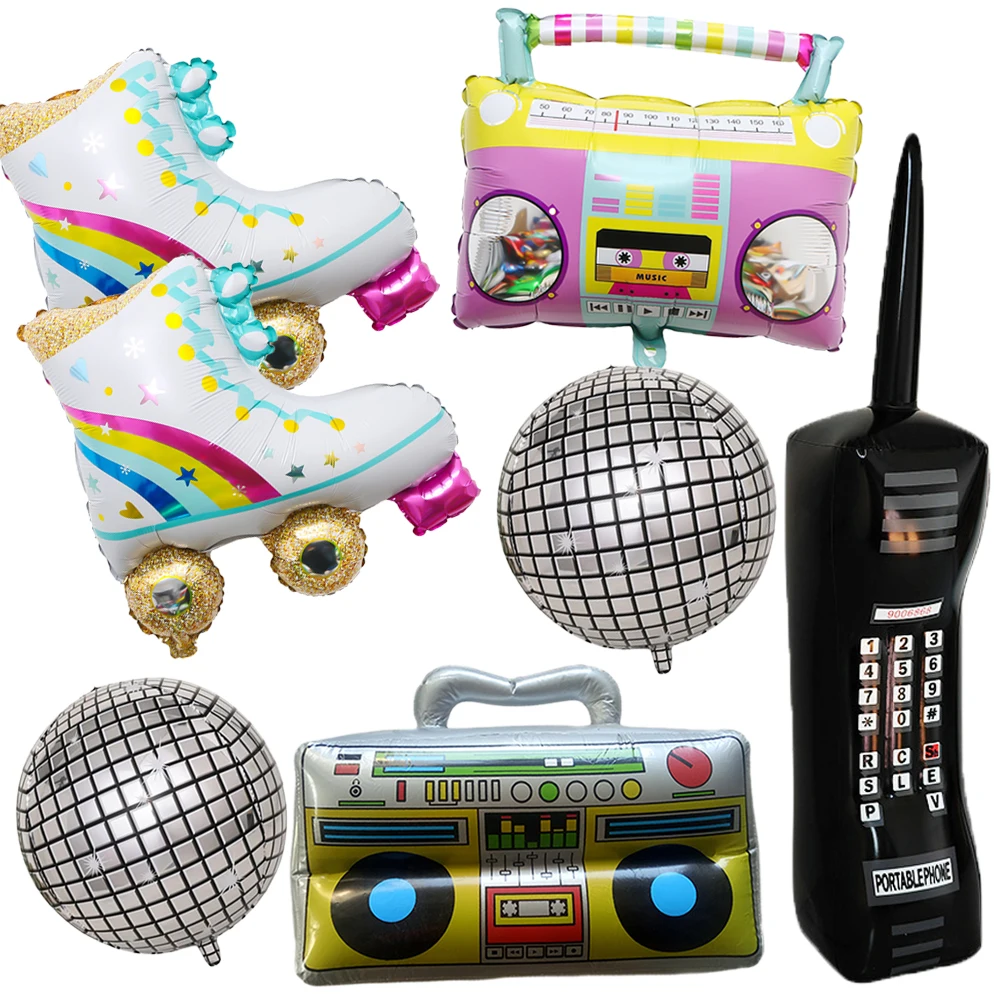 

1 set 80s 90s Radio Roller Skates Foil Helium Balloons 4D Disco Ball Telephone Balloon Retro Theme Hip Hop Birthday Party Decor