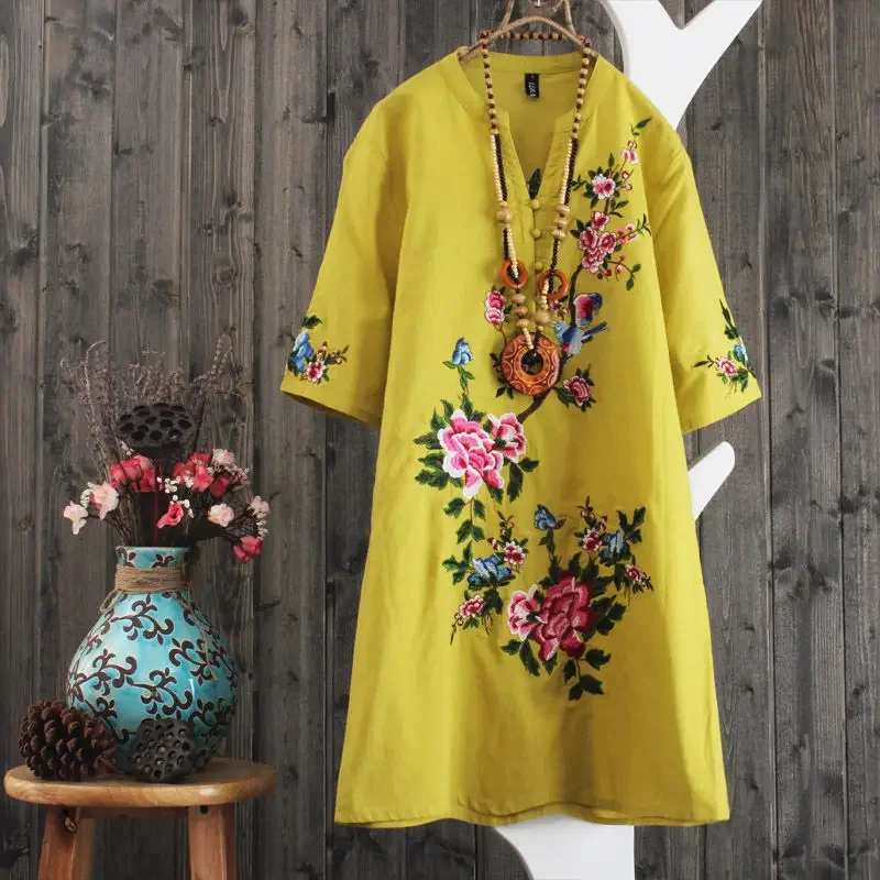 Casual Dress for Women Summer Embroidery Loose Ethnic Style Fashion Clothes Elegant Women Clothing Streetwear New