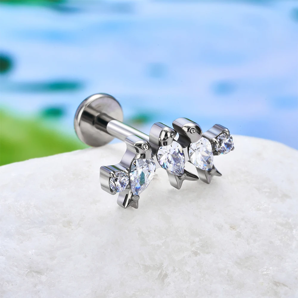 ASTM F136 Titanium frog Birds sword EAR Studs PIERC Double Round CZ Paved Top Labret Tragus Lip Earrings Stud Piercing Jewelry