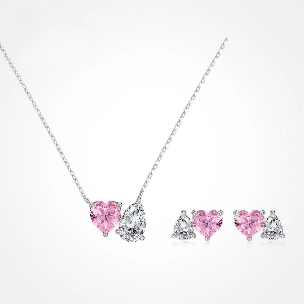 

New S925 Silver Ear Nail Necklace for Women's Forest Series, Fresh and Sweet Pink Love Zircon Water Drop Pendant