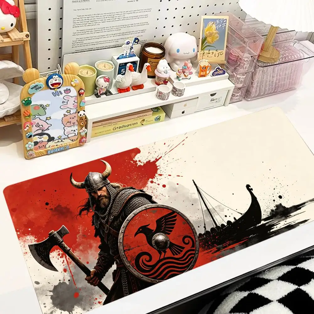 Viking Warrior Red Ink Splash Playmat Norseman Axe Shield Longship Gaming Mousepad Large Desk Mat