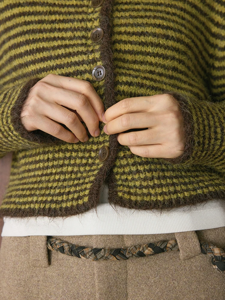 FANAN Vintage Striped Contrast Color Knitted Sweater For Women Turtleneck Single Breasted Thick Warm Coats 2025 Winter New