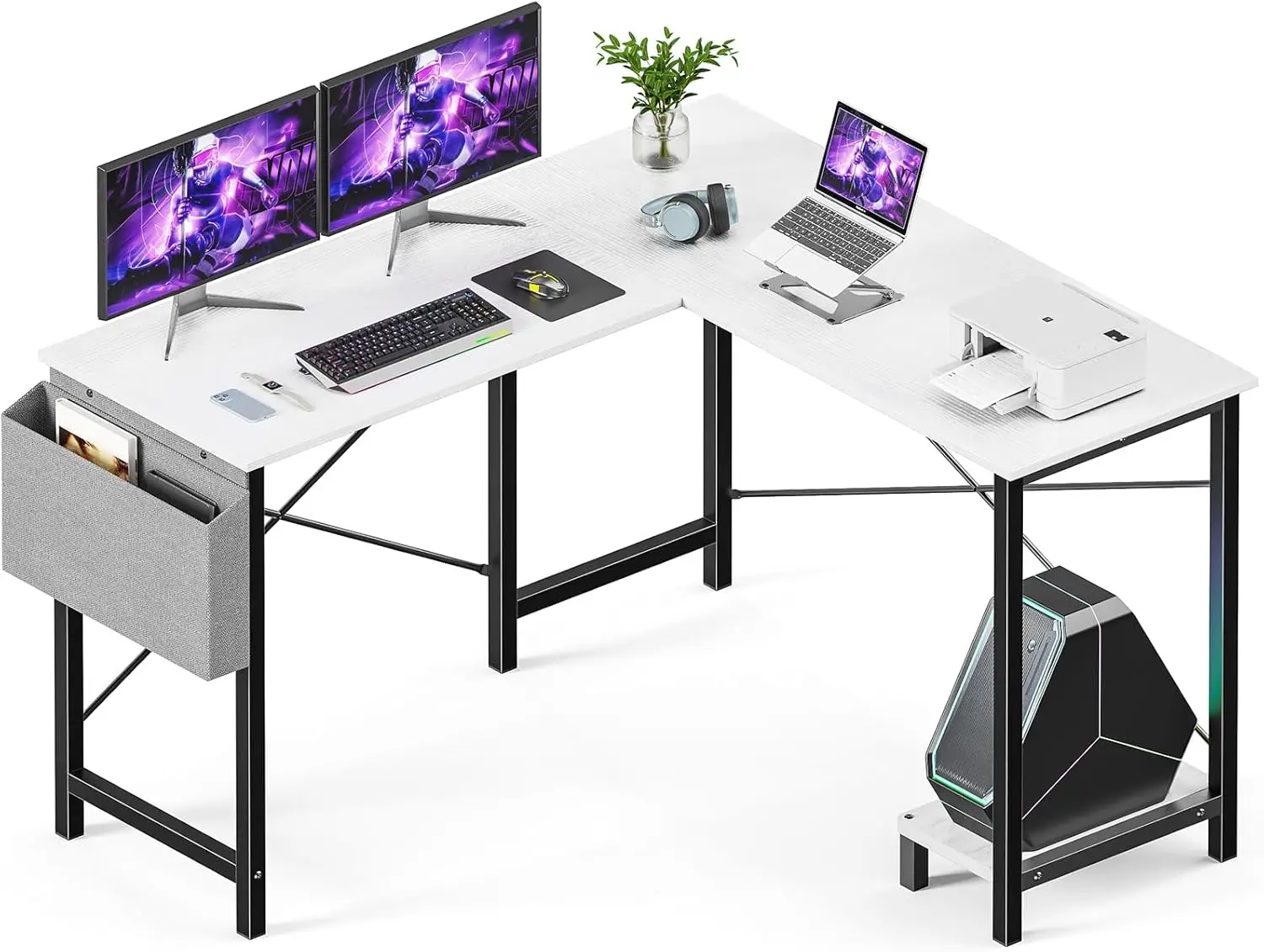 

L Shaped Computer Desk - Gaming Corner 50 H Pc White Writing Study Student Table With Wooden Desktop Cpu Stand Side Bag