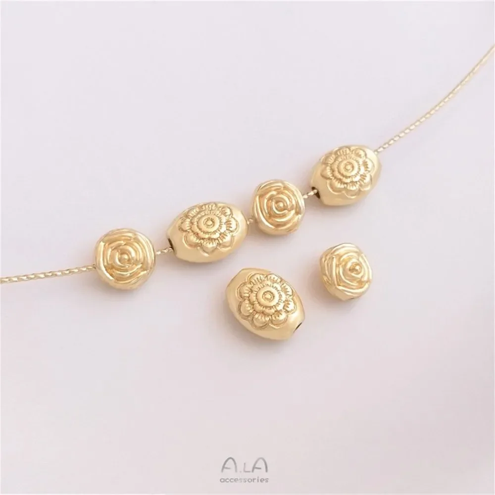14K gold rose through hole loose beads double - sided carved oval separated beads DIY hand chain accessories
