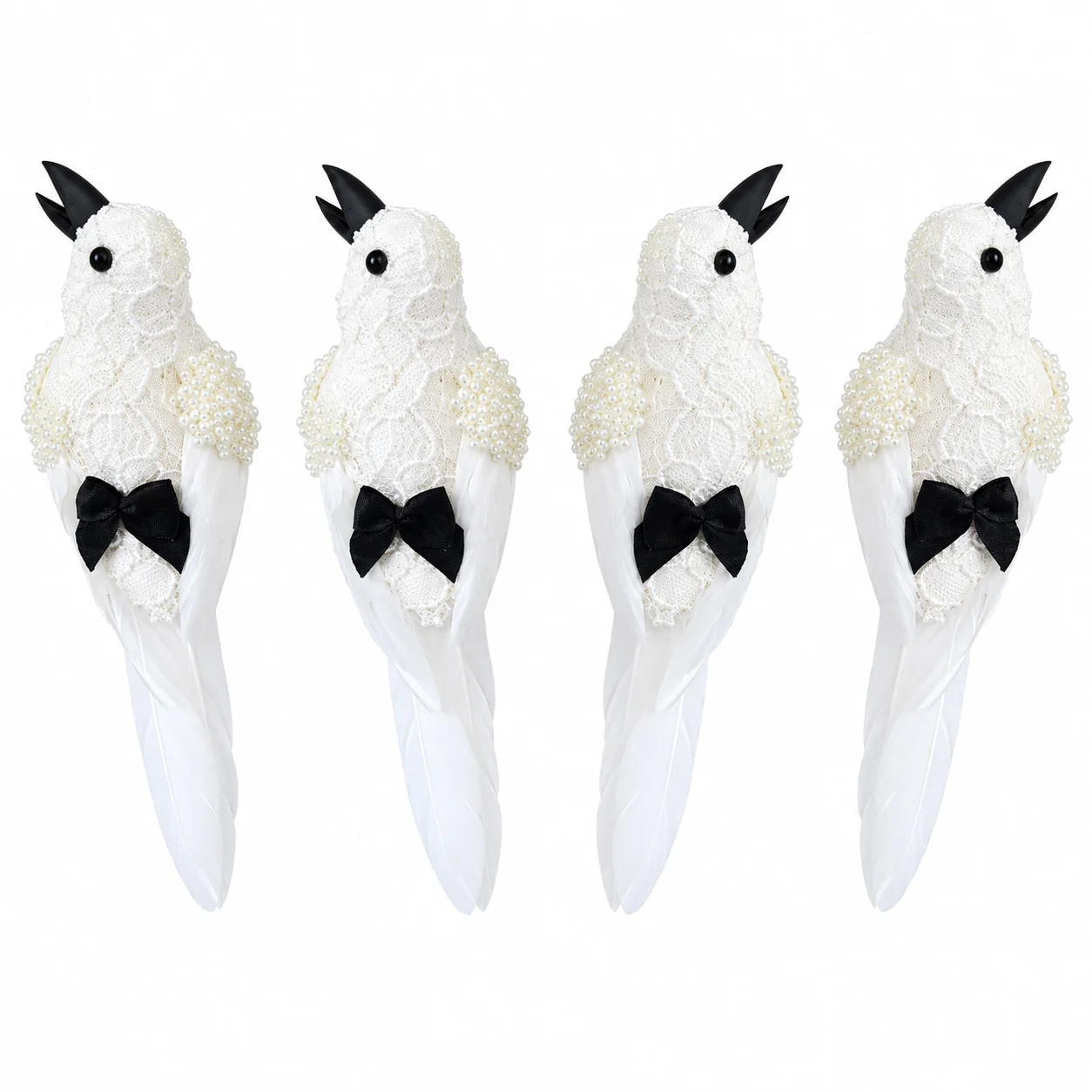 4PCS Artificial Crow Bird Ornaments White Feather Decorations for Home Garden Tree Display