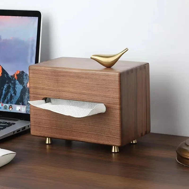 

Black Walnut Tissue Box Living Room Tissue Box Copper Bird Desktop Decoration Wooden Tissue Box