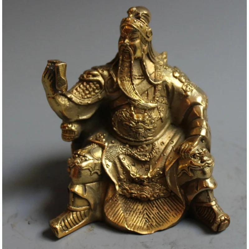 Folk Chinese Brass Copper Dragon Warrior guangong Guan Yu God Reading Statue