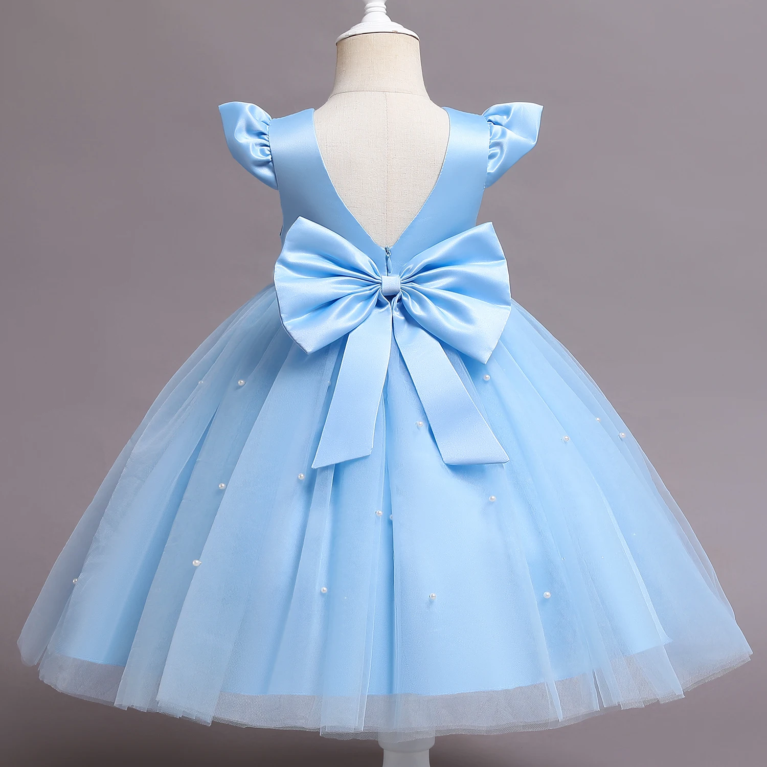 Toddler Baby Girl Birthday Party Dresses Backless Bow Beading Blue Princess Dress Newborn Infant Baptism Ceremony Costume 1-5Yrs