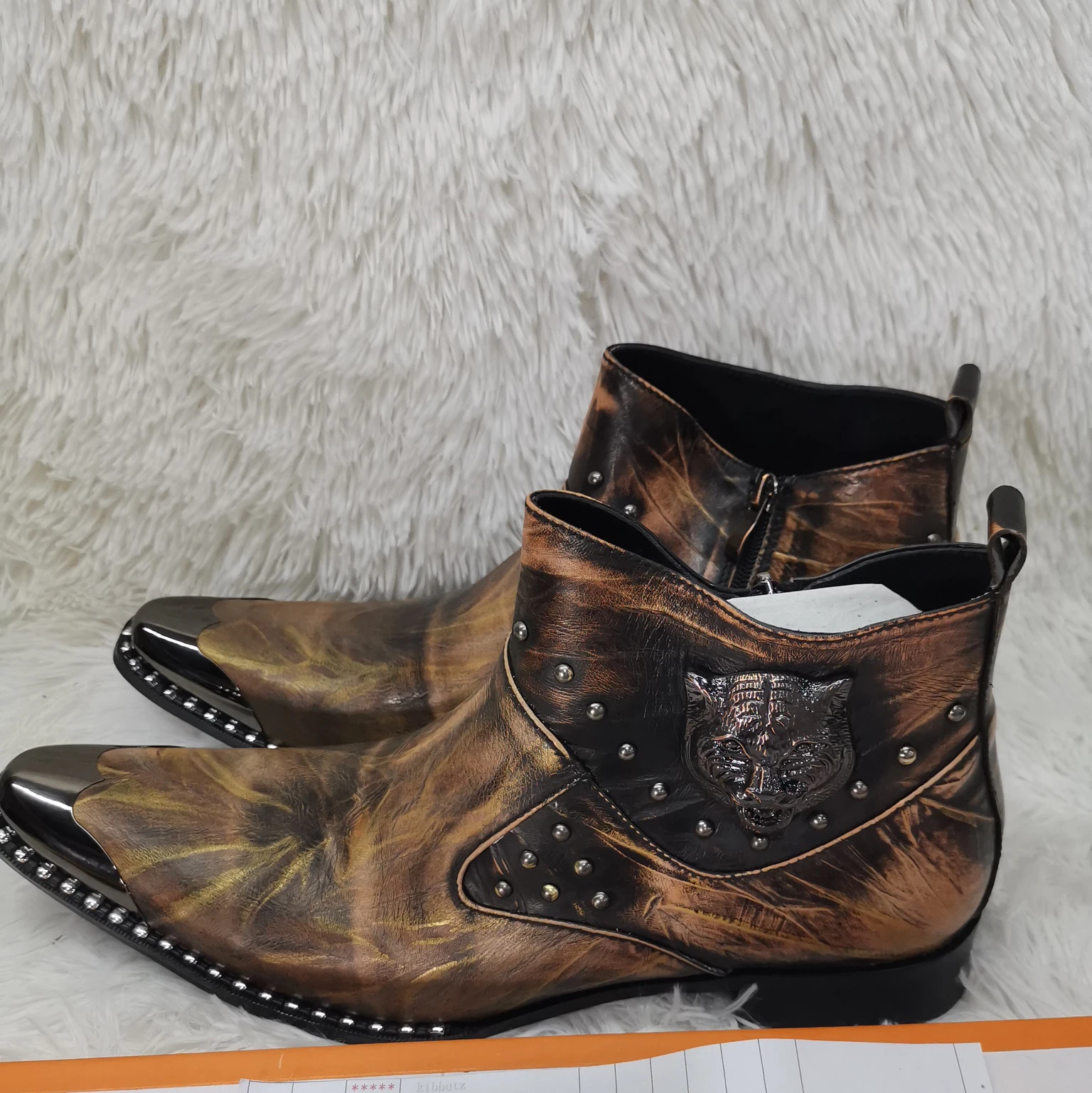New Men Chelsea Boots Genuine Leather Rivet Metal Decor Brown Cowboy Boots Wedding Dress Shoes Motorcycle Ankle Boots