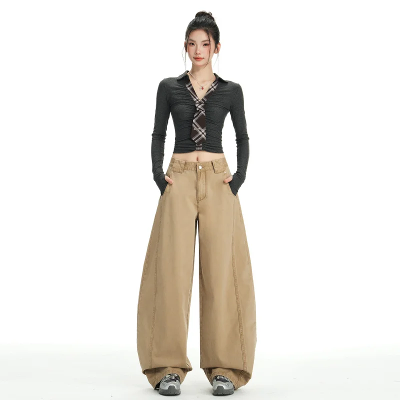 

American retro patchwork curved design loose wide-leg cargo pants for women