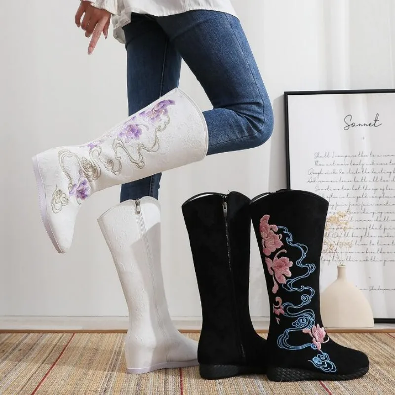 Women Round Toe Embroidered Winter Long Boots Chinese Ethnic Style Side Zip Mid-Calf Booties Ladies Autumn Spring Fashion Boot