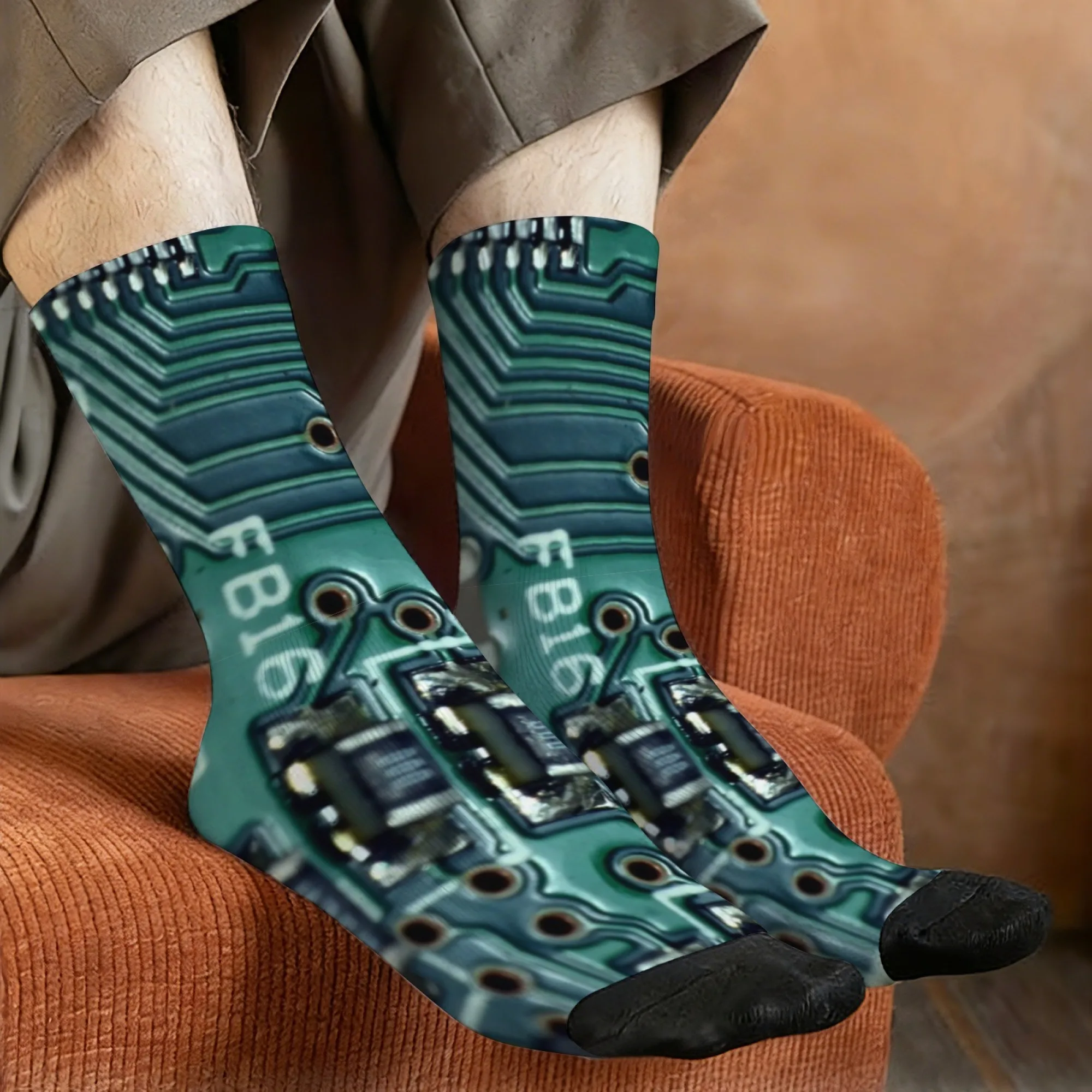 

Носки до середины икры с принтом в стиле печатных плат, вдохновленные технологиями, киберпанк-тренд для программистов, необычные и удобные носки
