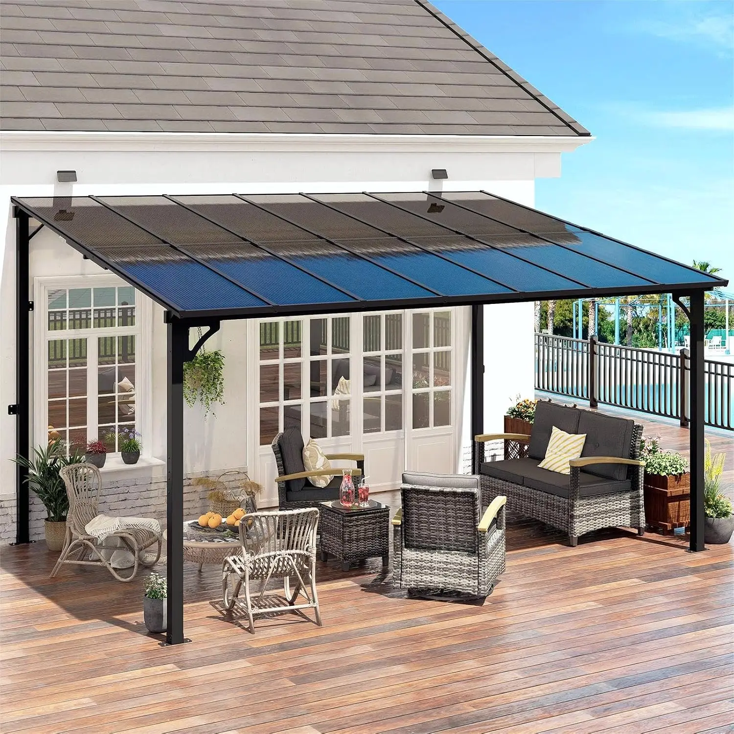 10' x 14' Pergola with Sloped Roof, Lean to Metal Gazebo for Outdoor Patio, Deck, Black