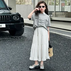 Summer 2024 New Teenager Girls Cotton linen ruffle A LINE long skirt mesh wide leg Children kids thin fashion 4 to 12 years