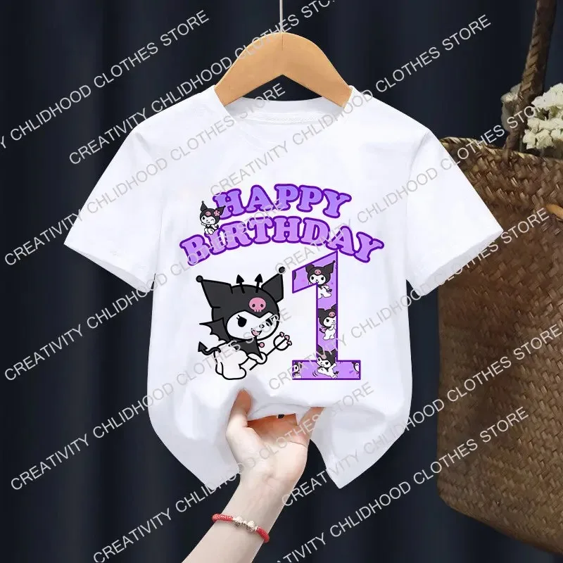 Sanrio Kuromi T-shirt Birthday Number 1-12 Kawaii T Shirt Anime Manga Cartoons Children Casual Clothes T Shirts Kid Girl Boy Top