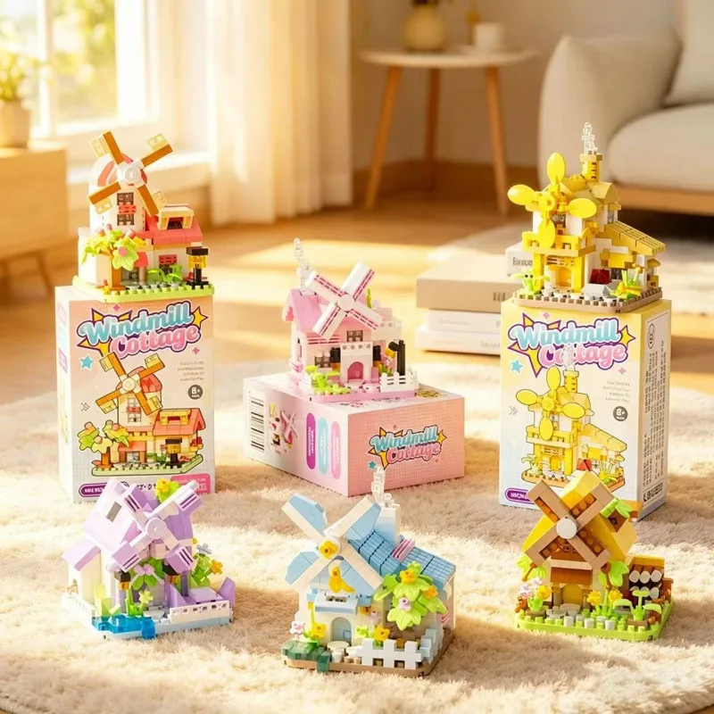Windmill House Forest Cottage Building Blocks Mini Architecture 3D DIY Model Bricks Toy Home Ornament For Kids Christmas Gift
