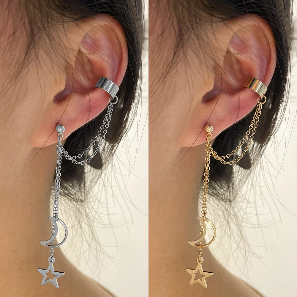 Vintage Pendant Metal Dangle Earrings with Long Chain Ear Clip for Women Silver Color Gold Color Star Moon Earring Jewelry