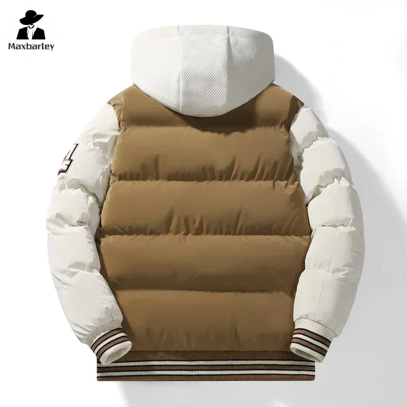 Winter Jacket Men\'s Harajuku Fashion Embroidered Fake Two-Piece Hooded Warm Parka Men Streetwear Loose Thickened Padded Jacket