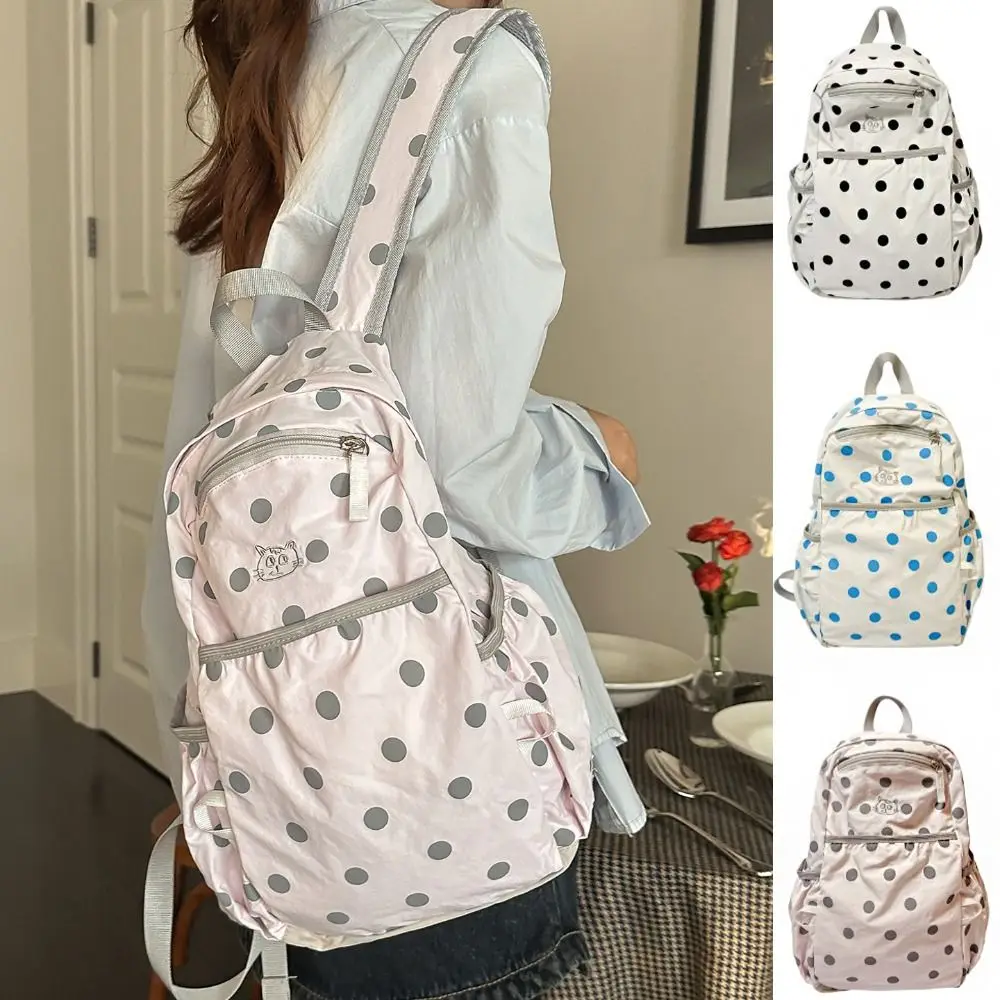 Y2k Sweet Polka Dot Backpack Embroidered Cat Minimalist Nylon Rucksack Durable Lightweight Student School Bag Shoulder Bags