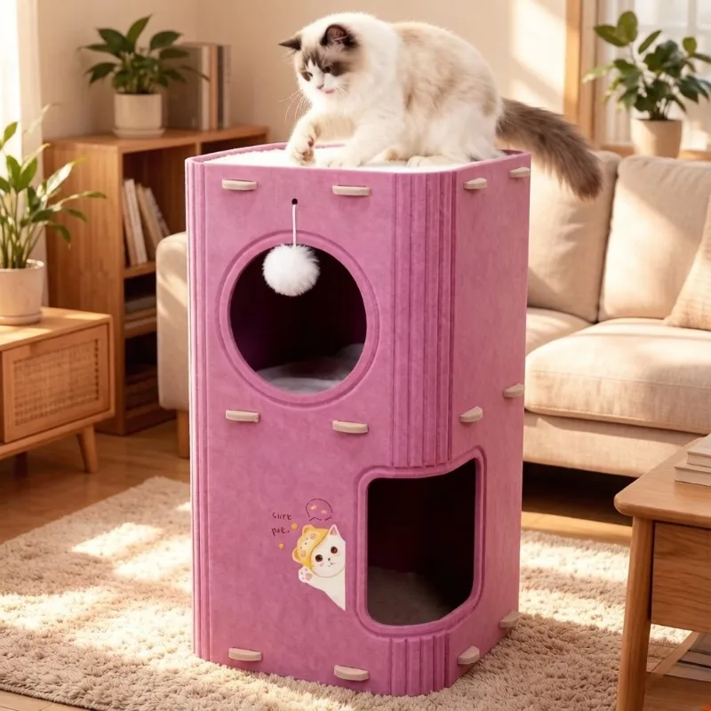 

Semi-enclosed Felt Cat Cage, Multifunctional Cat Bed with Tunnel & Hiding Box, Breathable Pet Nest