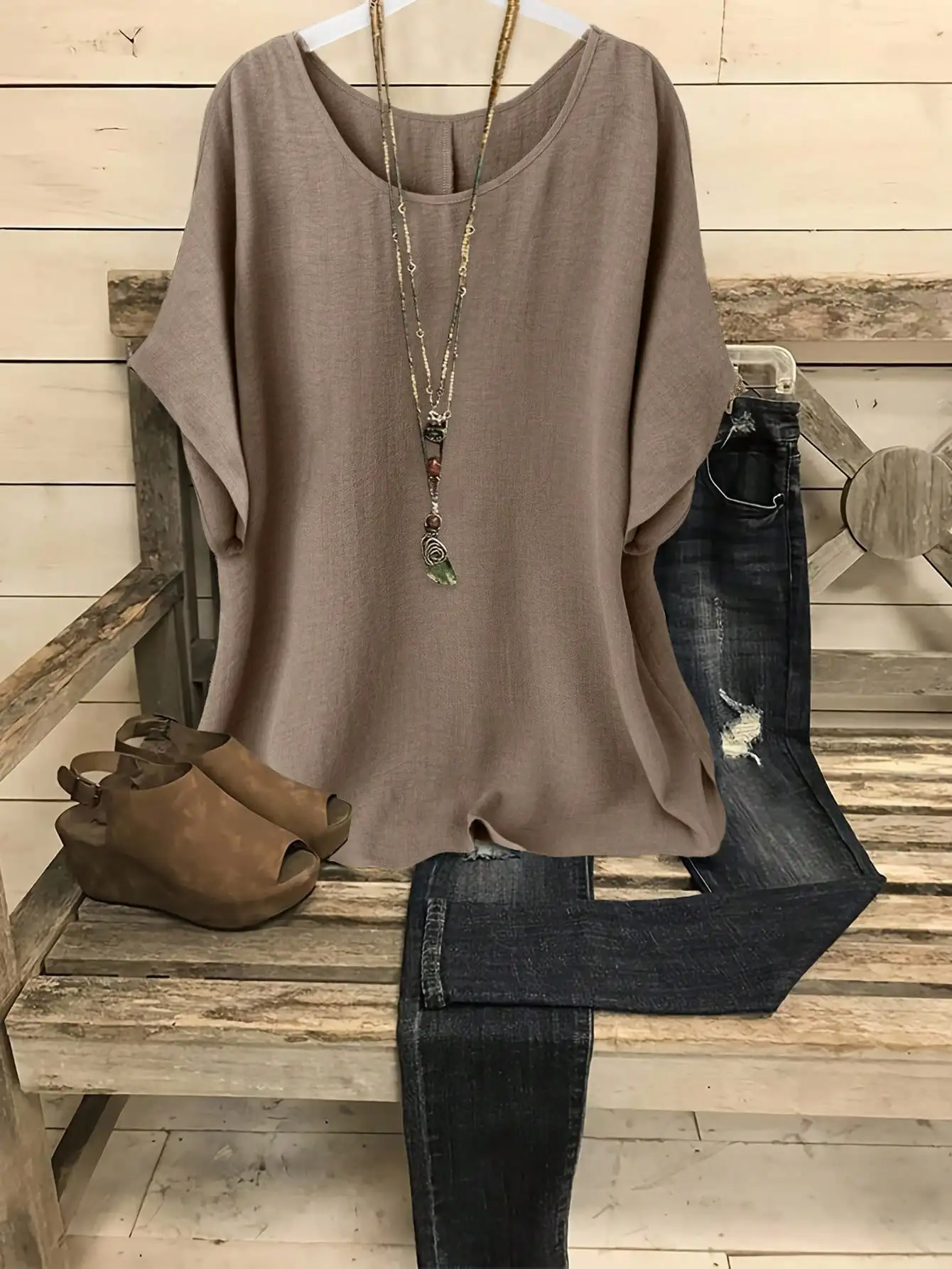 

Plus Size Casual Vacation Solid Batwing Sleeve Shirt