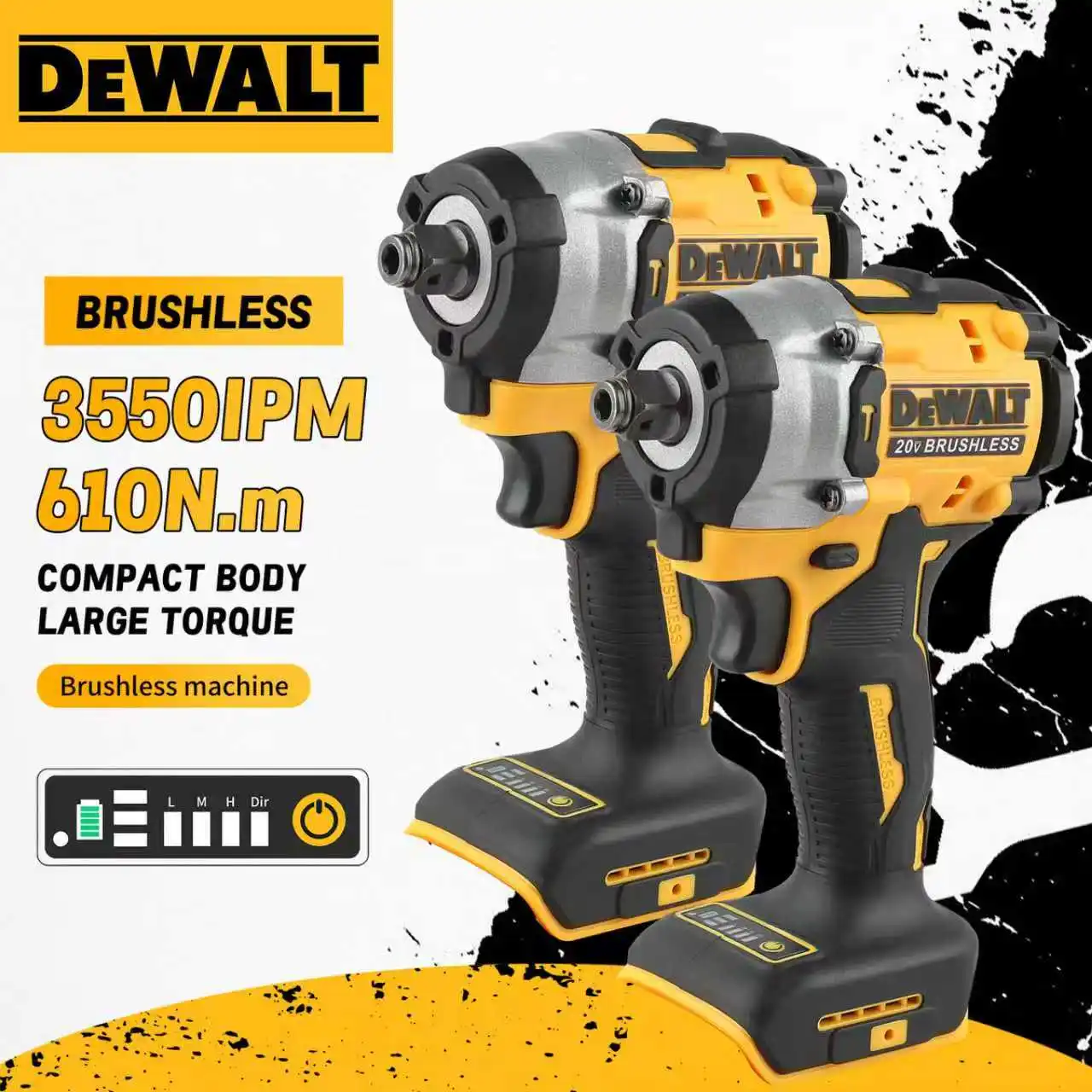 

DEWALT 610NM Бесщеточный аккумуляторный электрический ударный гайковерт с высоким крутящим моментом, оснащенный светодиодными фонарями, электроинструменты для батареи Dewalt 20 В
