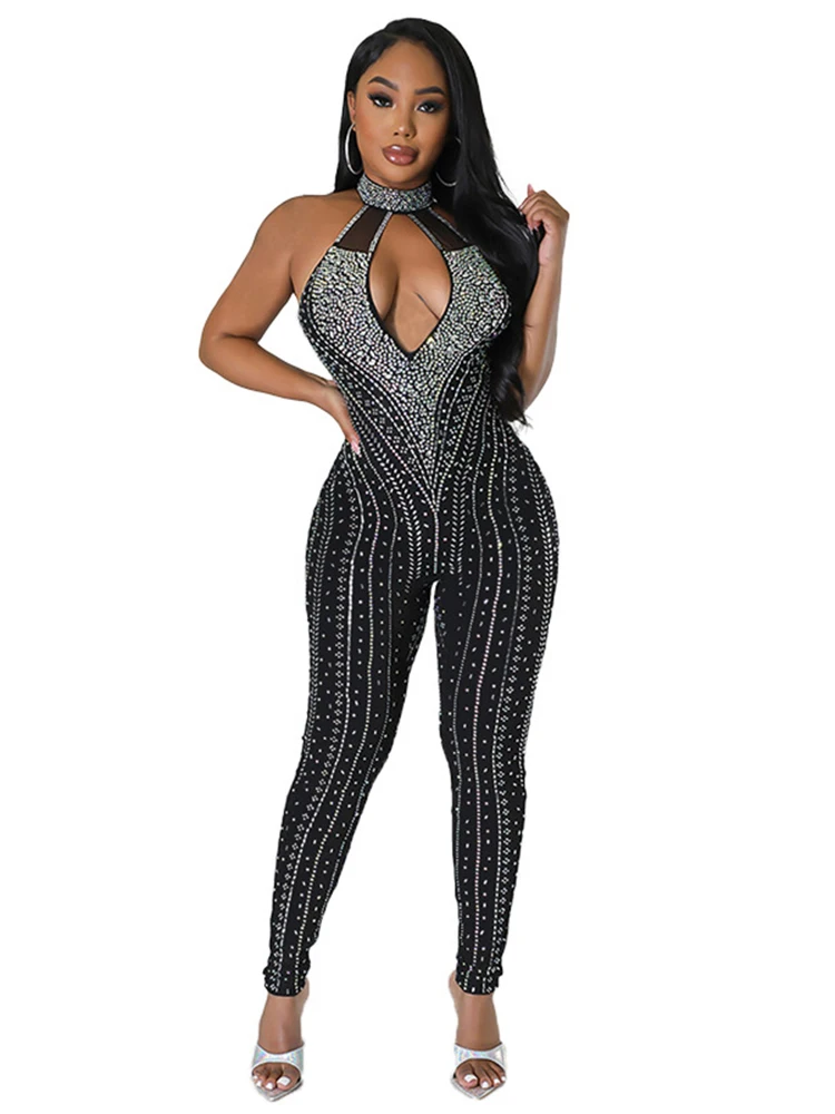 

Black Rhinestone Prom Bodycon Jumpsuit For Women Night Club Rompers Hollow Out One Piece Outfits Party Sexy Vestido Jumpsuits