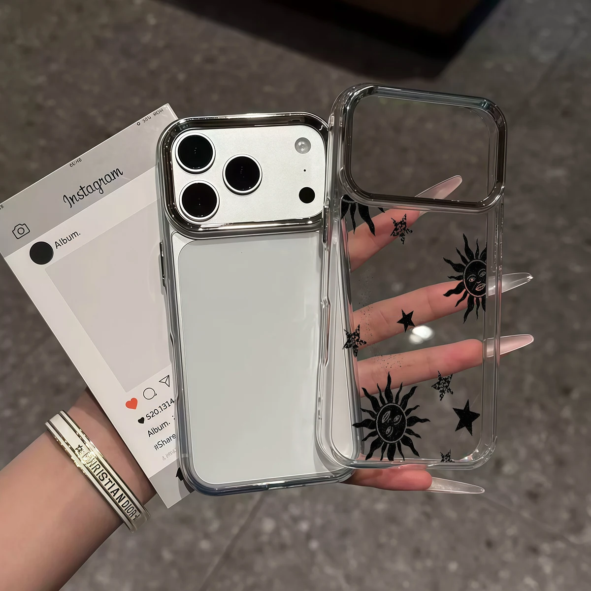 Pirve Phone Case For iPhone 18 17 16 15 14 Pro Max 16E Silver Lens Frame Transparent Shell Sun Moon Stars Cover