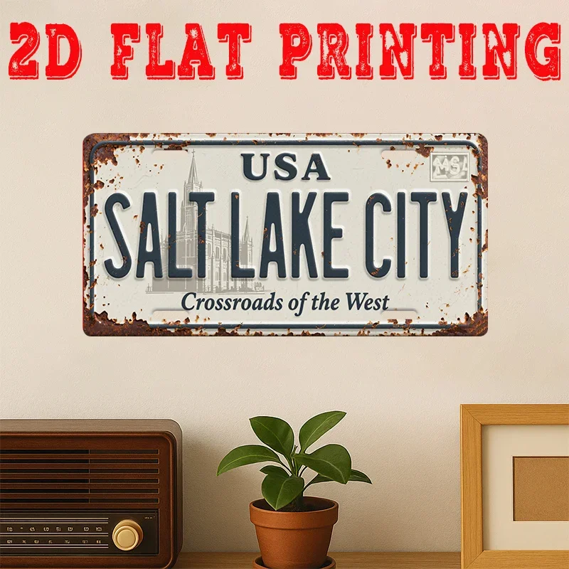 2D Flat, [Jit], 2d Flat Printing, 1pc, Vintage Metal Tin Sign, Decorative Sign (29.97 cm * 14.99 cm), Salt Lake City Crossroa