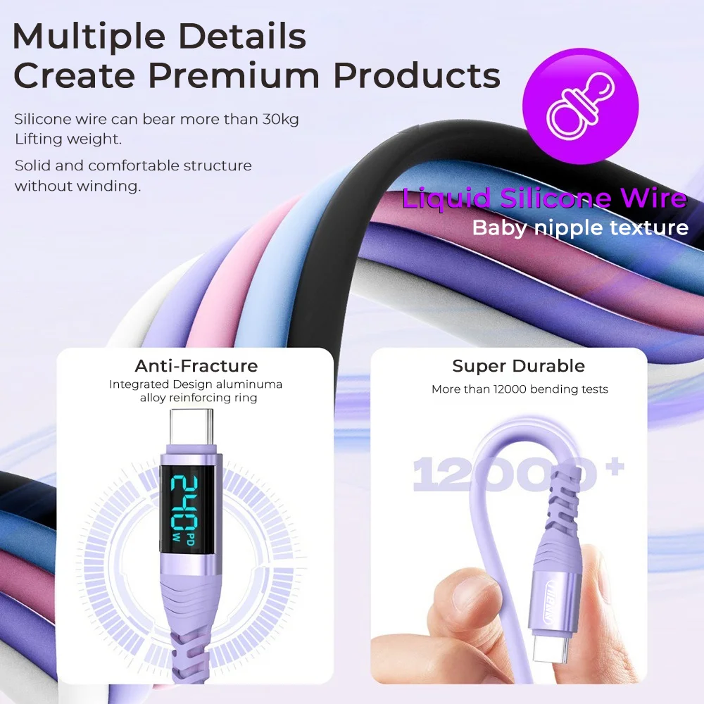 NNBILI Kabel USB C do typu C z wyświetlaczem LED Kabel do szybkiego ładowania typu C PD 240W Przewód ładujący do iPhone 15 16 Pro Macbook Pixel — zdjęcie produktu 5