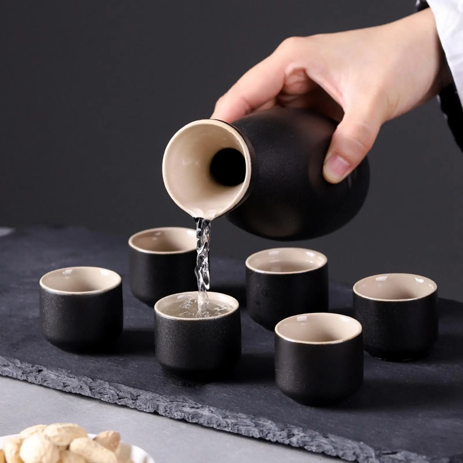 Japanese Style Ceramic Sake Pot Cups Set Ornament Drinkware with 6 Cups Crafts Gift for Cupboard Cabinet Tea Party Drawer Office