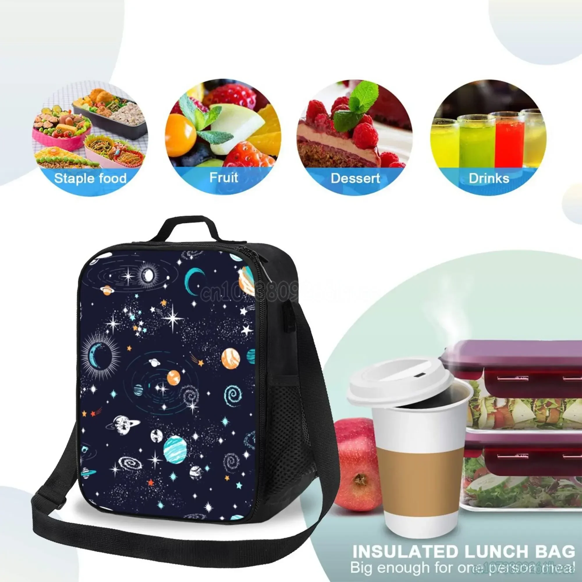 Space Planet fiambrera aislada Galaxy Cooler Tote, bolsa de almuerzo grande con correa ajustable para el hombro para niñas y niños, Picnic escolar