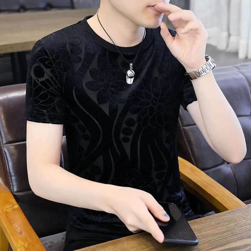 Ice Silk Short-sleeved T-shirt Men Summer Gold Velvet Hollow Round Neck Flocking Printed Quick-drying Top