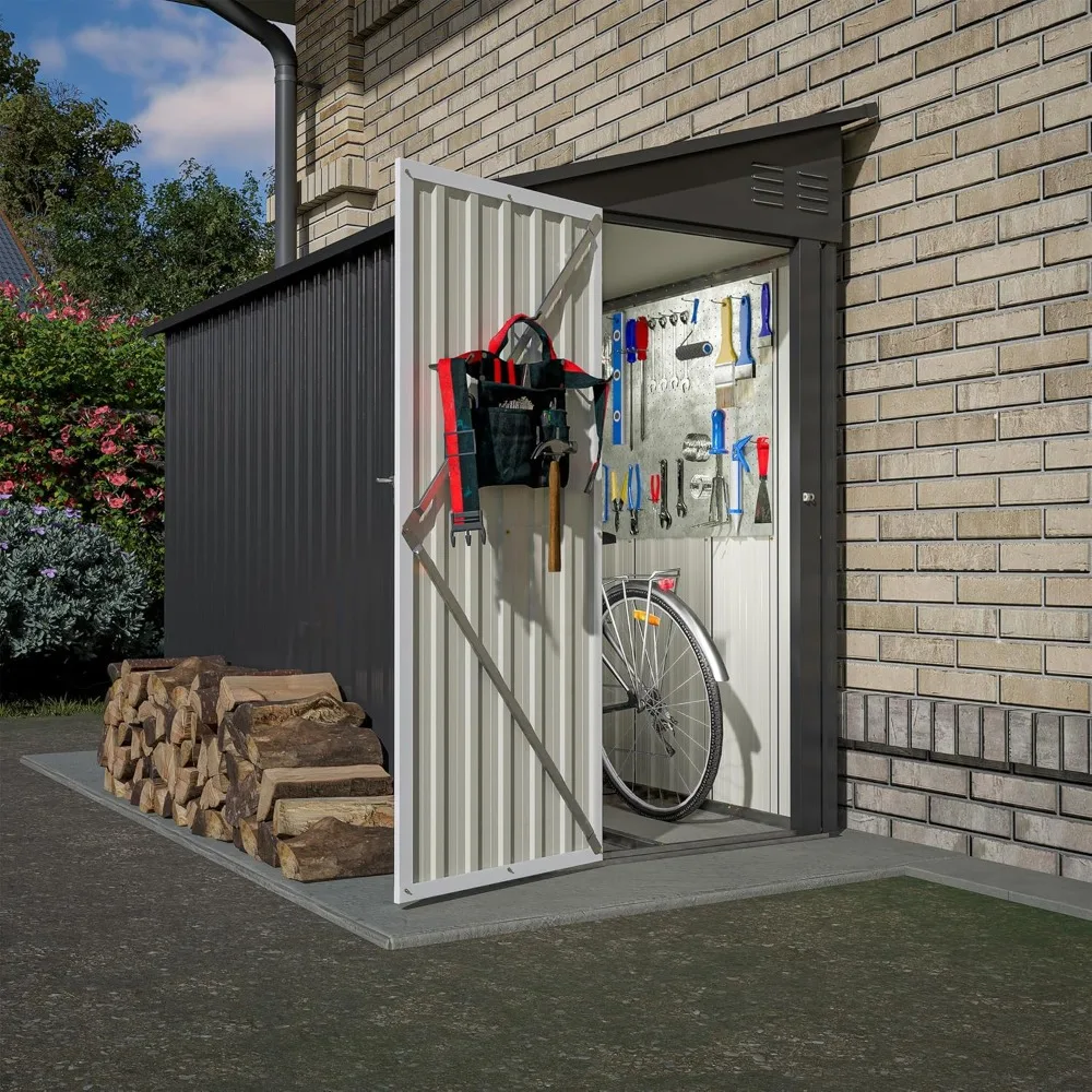 

4×8 FT Storage Shed, Lean to Storage Shed w/Floor Base, Metal Storage House W/Lockable Door and 2 Air Vents, Weather Resistant