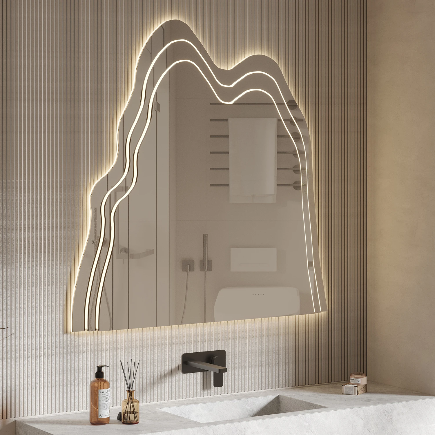 Custom Irregular Touch Screen LED Mirror Frameless Backlit Smart Bathroom Wall Hung Vanity Mirror With Light
