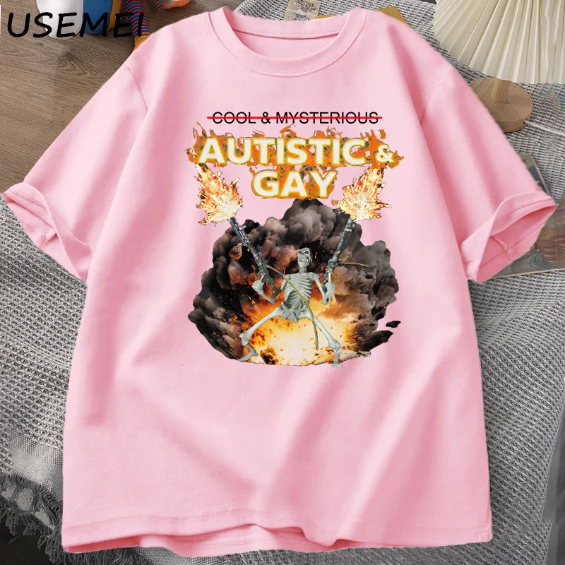 Autistic and Gay Skeleton Explosion T Shirt Unhinged Skeleton Autism Meme T-Shirt Cotton Short Sleeve Graphic Tees Streetwear