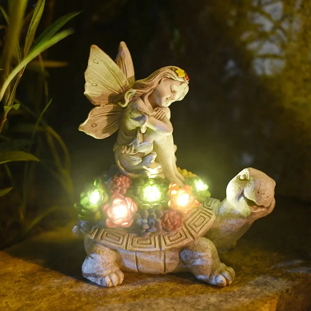 Solar Turtle Statue with Solar Light Flower Fairy Angel Lawn Decor Garden Resin Ornament Outdoor Statue Succulent Gifts for Mom