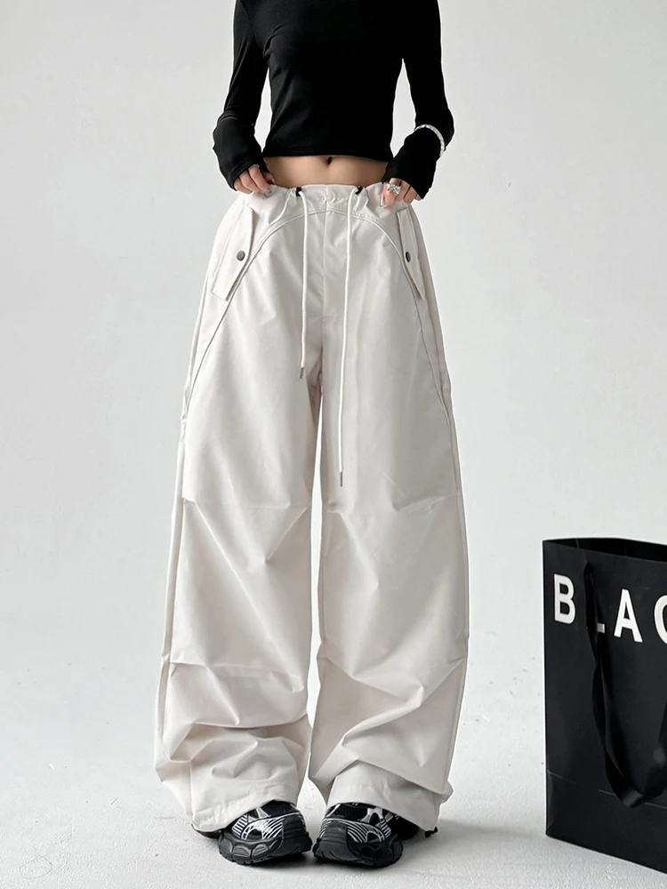 المرأة الخريف الشتاء ملابس العمل السراويل عالية الخصر الرباط عارضة مستقيم الساق واسعة الساق السراويل الطويلة الأمريكية Sle الأبيض