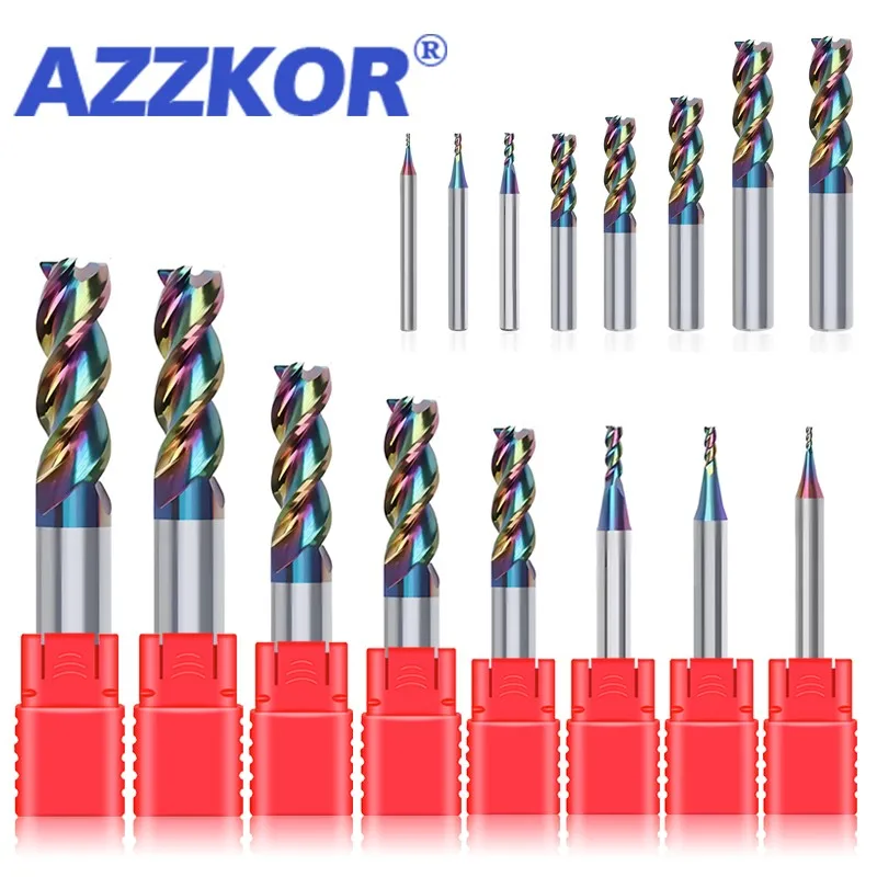 

AZZKOR 1.0-12.0mm11-Piece/Set Tungsten Steel Milling Cutter HRC55 3-Flute DLC Coating For Aluminum CNC Machining Endmills Tools