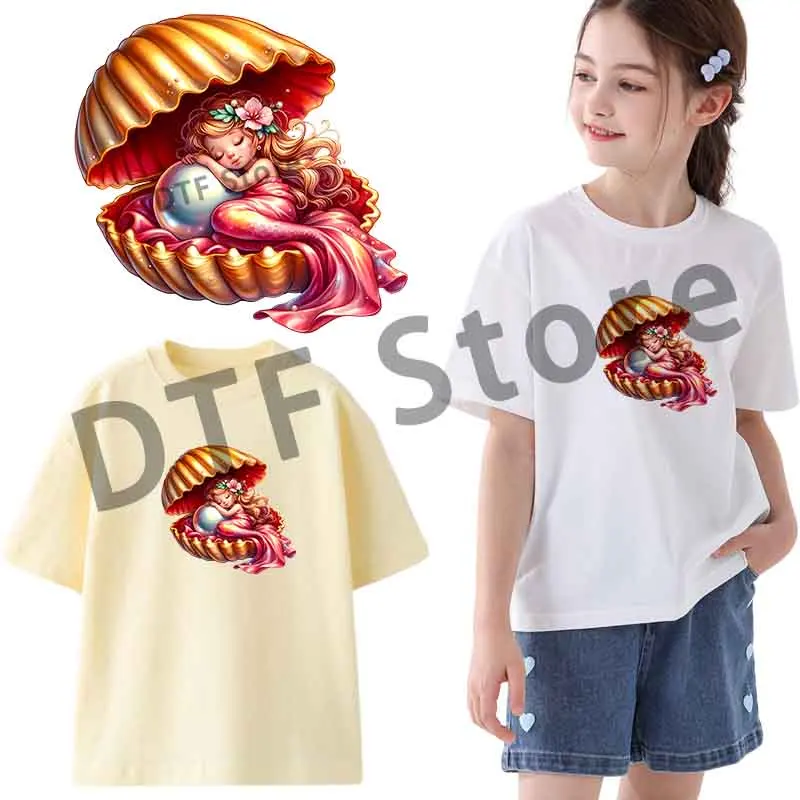 Pearl mermaids sleeping hidden in shells dtf transfers ready to press Heat Transfer On Children's clothing iron on heat transfer