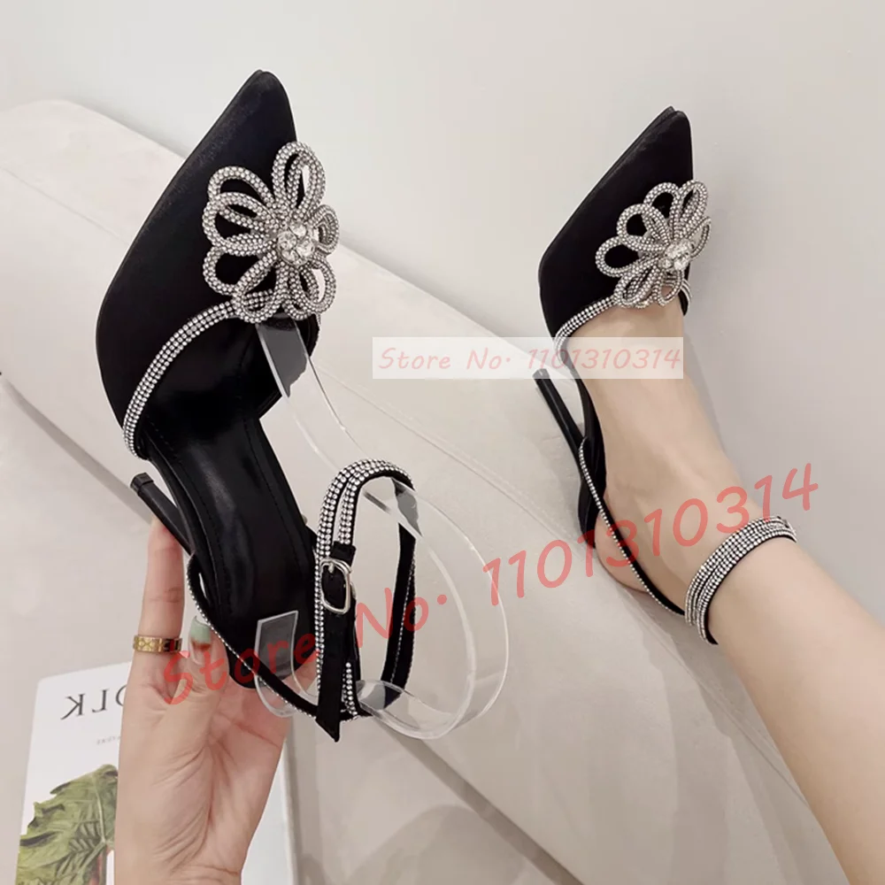 Crystal Flower High Heels Sandals Women Luxury Ankle Strap Clear Pvc Satin Shoes Summer Bukcle Strap Pointy Bling Girly Sandals