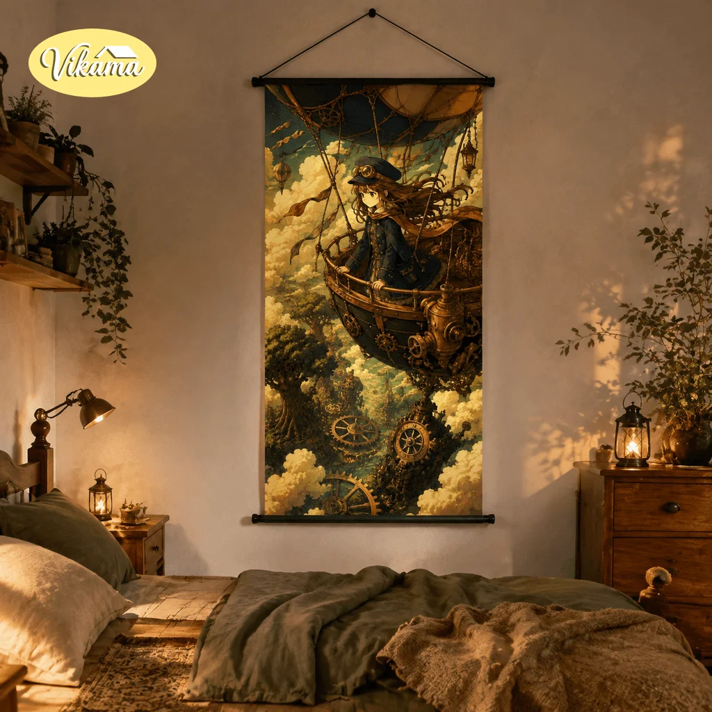 VIKAMA Victorian Steampunk Tapestry Wall Hanging Anime Girl Gear Mechanical Botanical Wall Art Decor for Bedroom Dorm Room