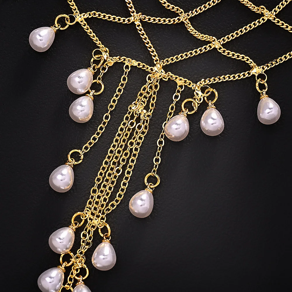 Gold Mesh Pearl Head Chain for Women Layered Tassel Headpiece Boho Hair Jewelry for Party Wedding 5
