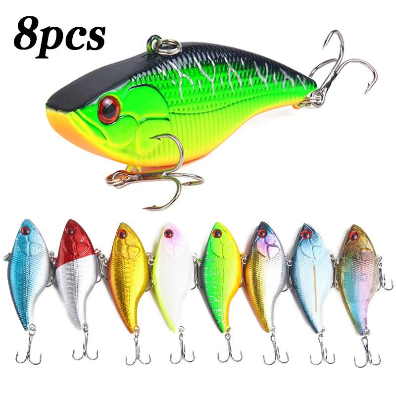 8PC VIB Harte Angeln Locken Kunststoff Künstliche Köder Drillinge Peche Bass Pike Trolling Pesca Angelgerät