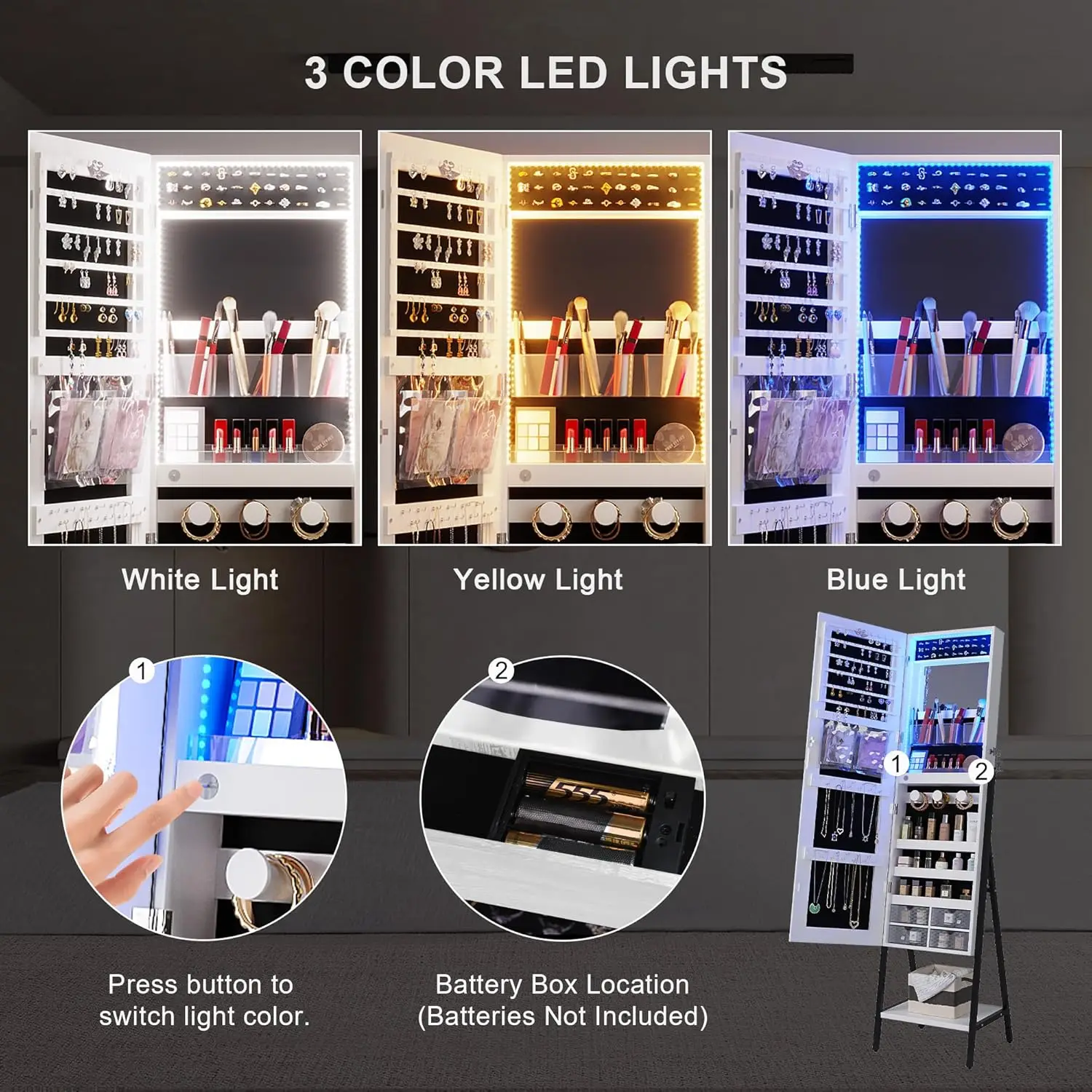 RGB LED Mirror Jewelry Cabinet,Standing Jewelry Armoire Organizer Full Length Mirror with Storage, Lockable Jewelry Mirror for W