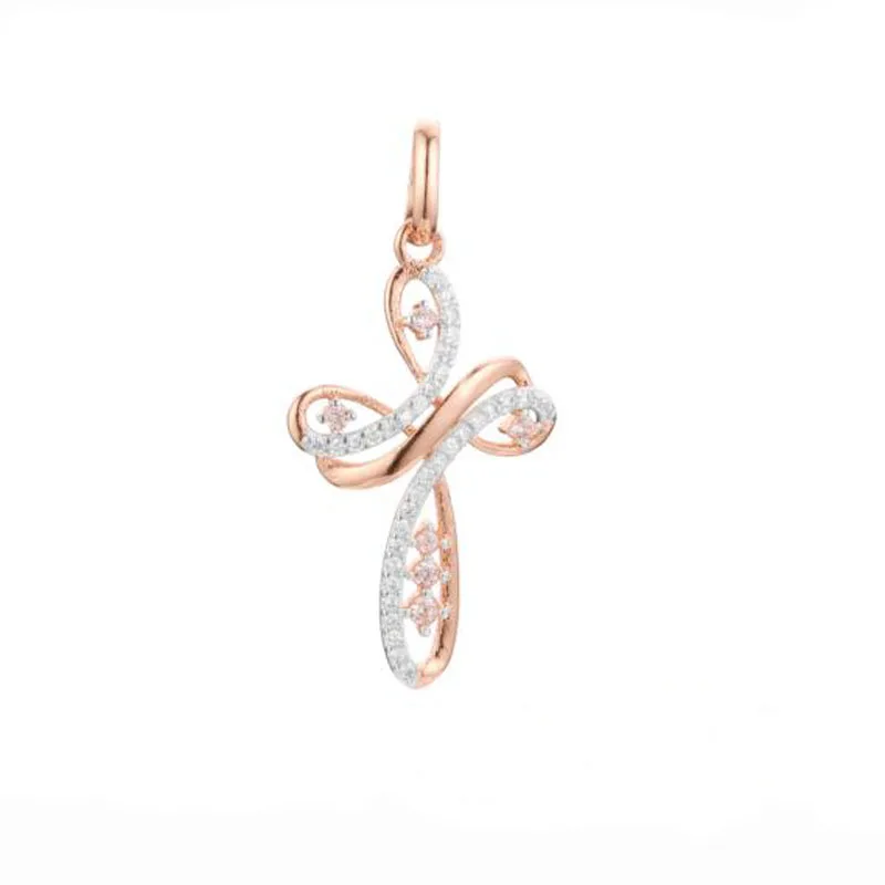 FJ Women 585 Rose Gold Color Butterfly Shaped Crystal Cross Pendant Link Chain