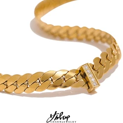 Yhpup 18k Gold Color Cuban Chain Stainless Steel Necklace Collar Zircon High Quality Metal Texture Women Fashion Charm Jewelry