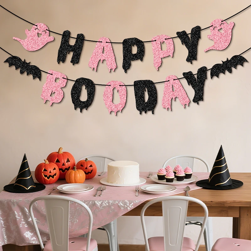 YOMDID Glitzer-Geburtstagsbanner „Happy Boo Day“ Partybanner mit Glückswünschen, Halloween-Geister und Fledermäusen, Geburtstagsdekorationen – Detail 9